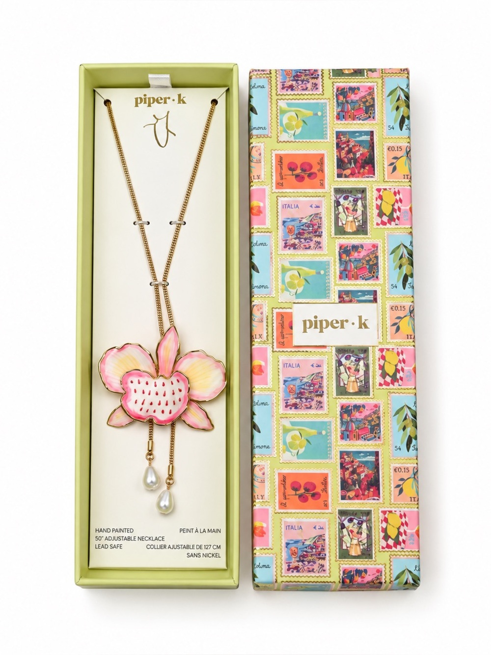 NWT Piper K Hand-Painted Pink Flower Pendant Necklace w/ Pearl